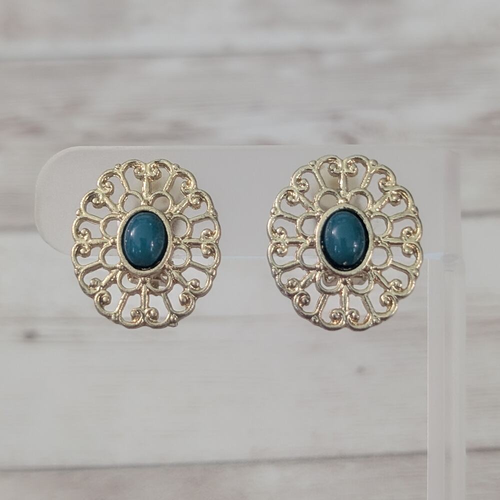 Vintage Clip On Earrings Large Ornate Gold Tone with Dark Teal Center Statement